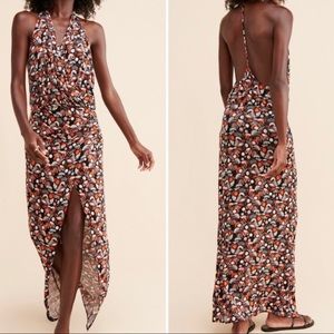 Free People Daria Halter Maxi Dress Black Orange Low Back Wrap Slit Plun…